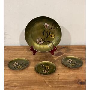 Vtg Handcrafted Bovano of Cheshire Enamel Copper Green Floral Plates Set of 4
